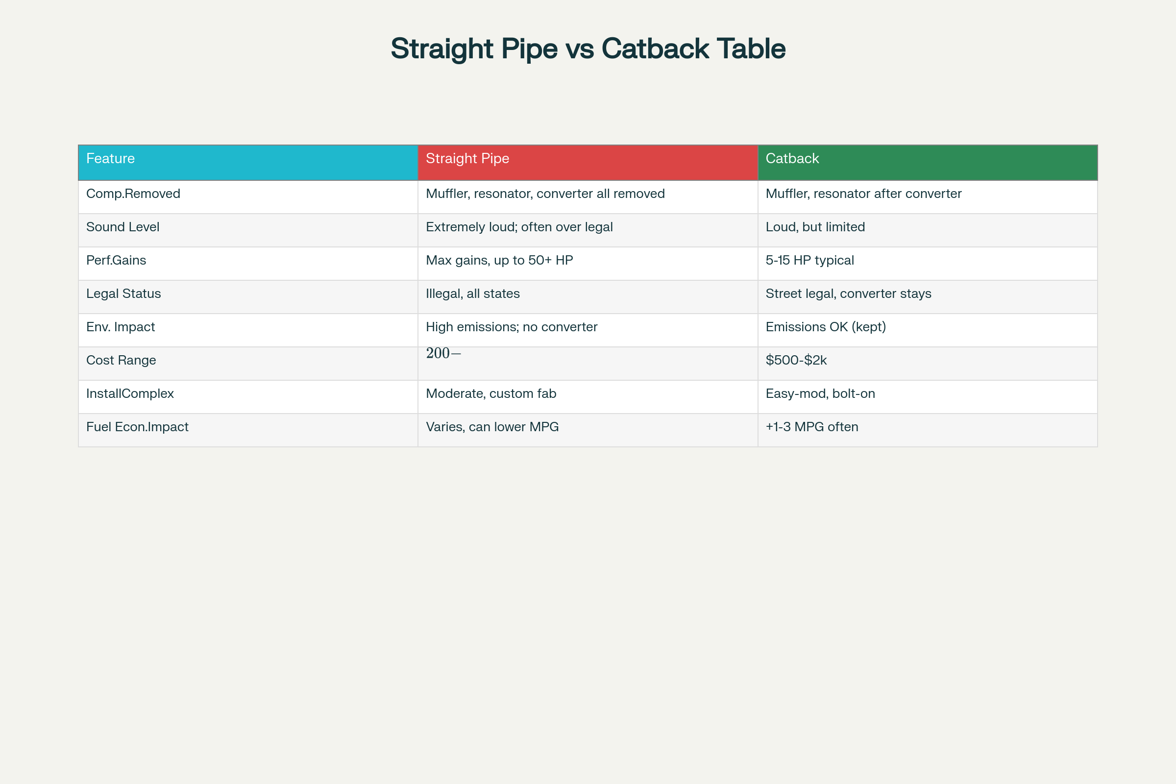 Comprehensive comparison of straight pipe versus catback exhaust systems showing key differences in performance, legality, and practicality