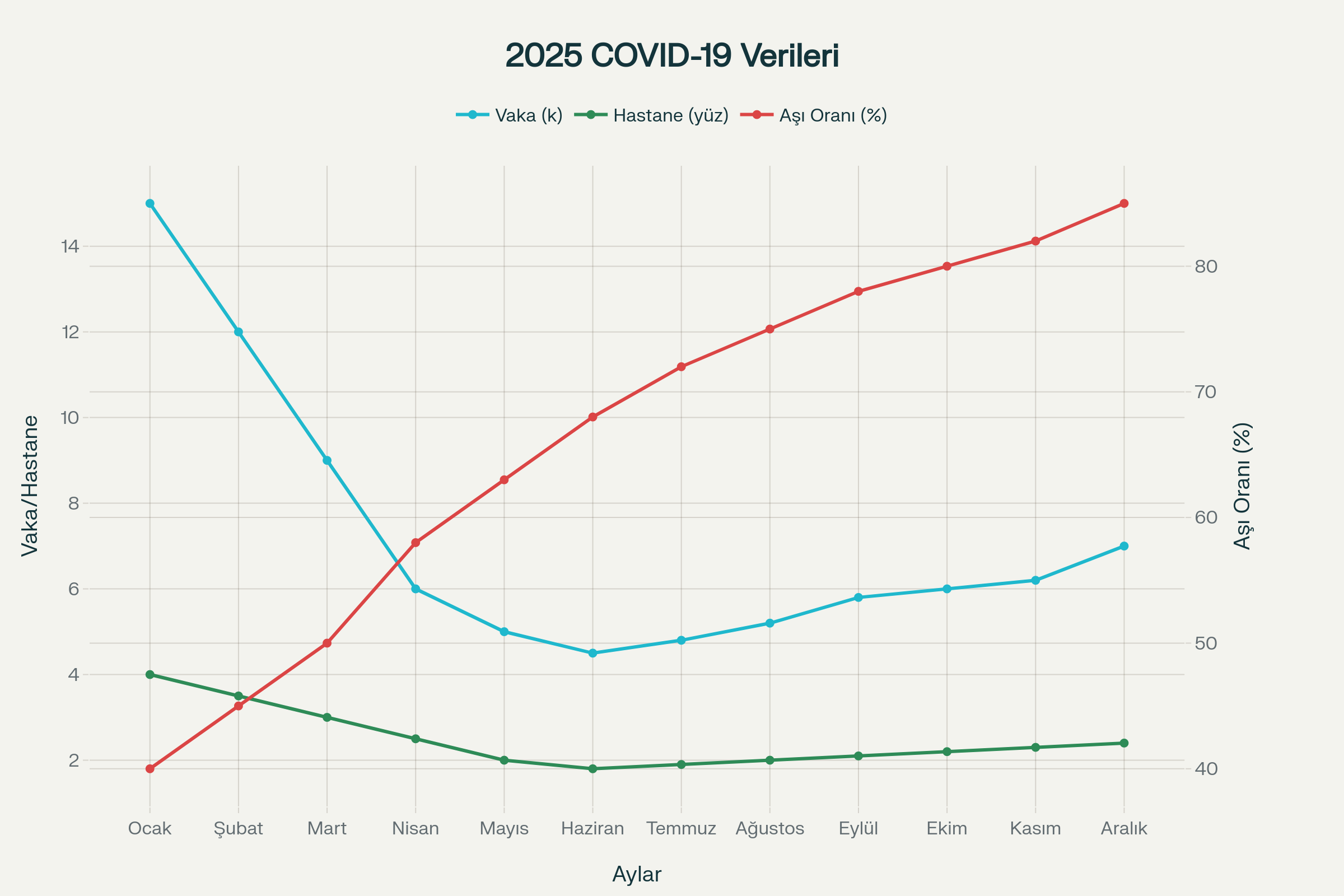 2025 Yılı Aylara Göre COVİD-19 Vaka, Aşılanma ve Hastaneye Yatış Verileri