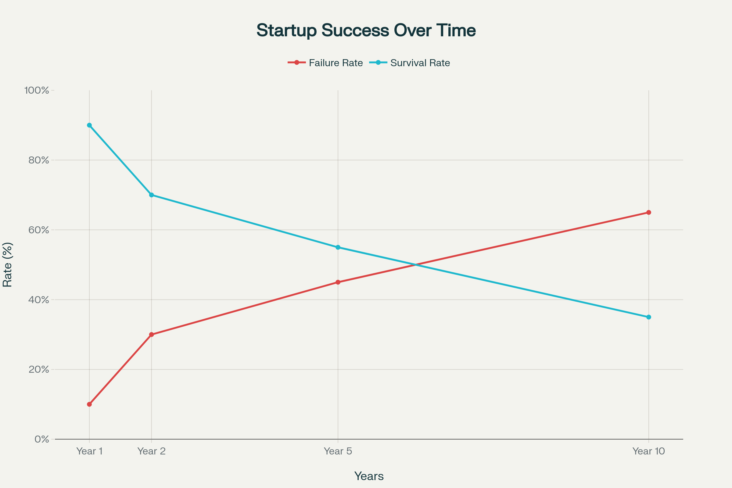 Startup Survival vs Failure Rates Over Time - The reality of business longevity showing that most challenges come after the first year