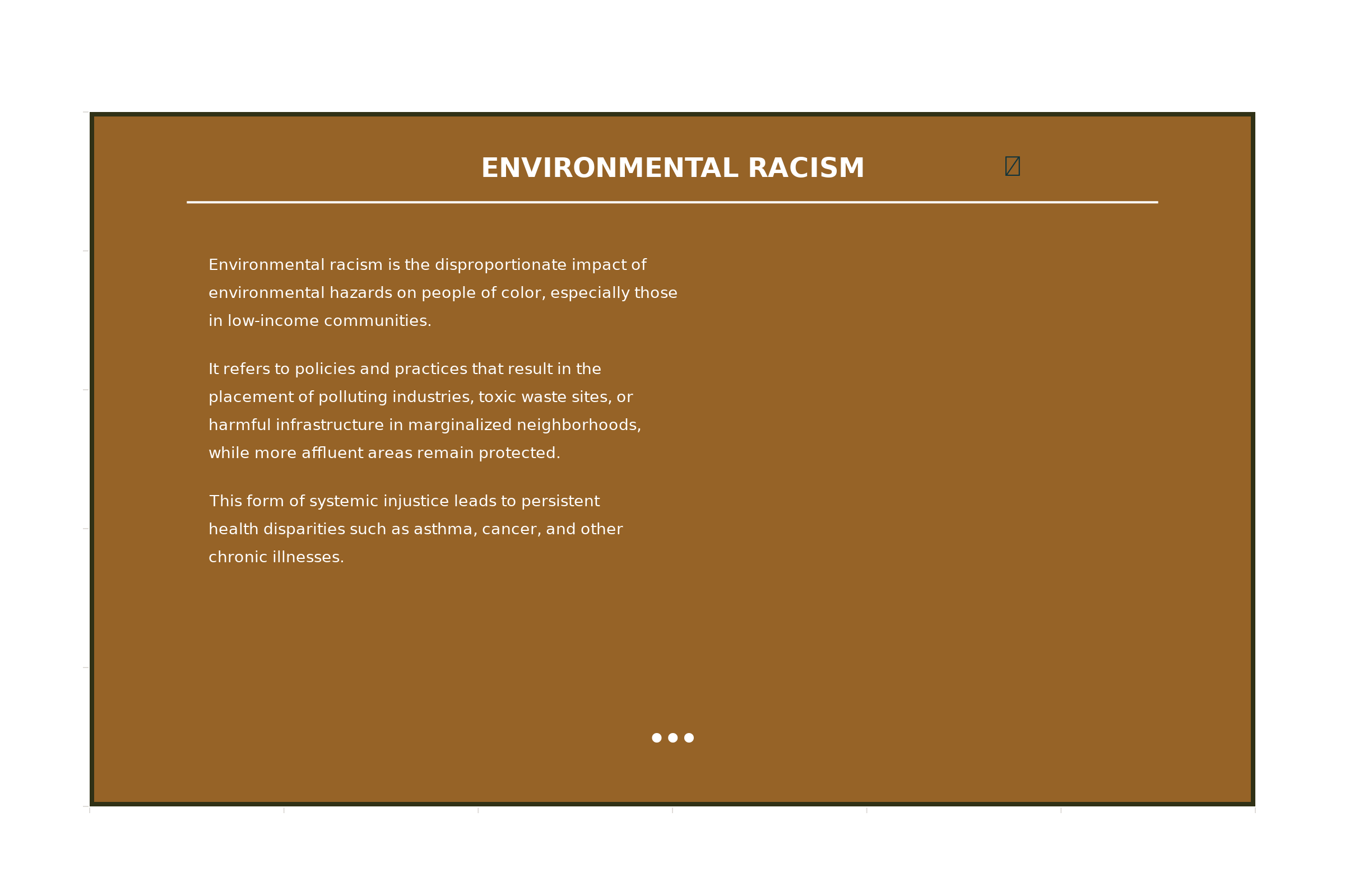Definition box: Environmental Racism. Colored bronze with black text, pollution icon.