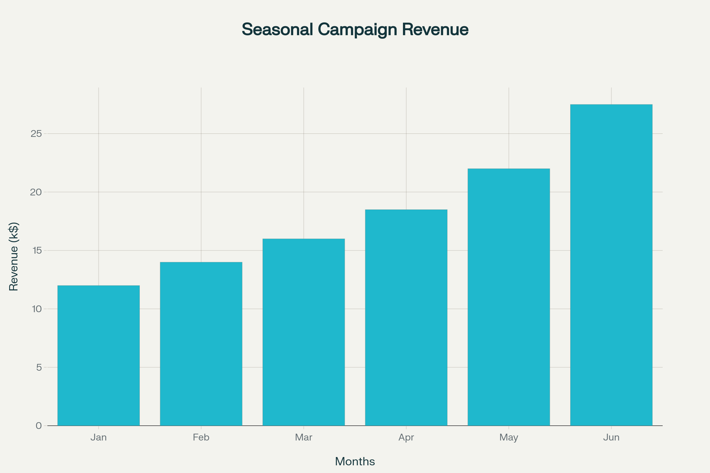 Seasonal & promotional campaigns case study showing monthly campaign launches, average open rates, click-through rates, and revenue over six months